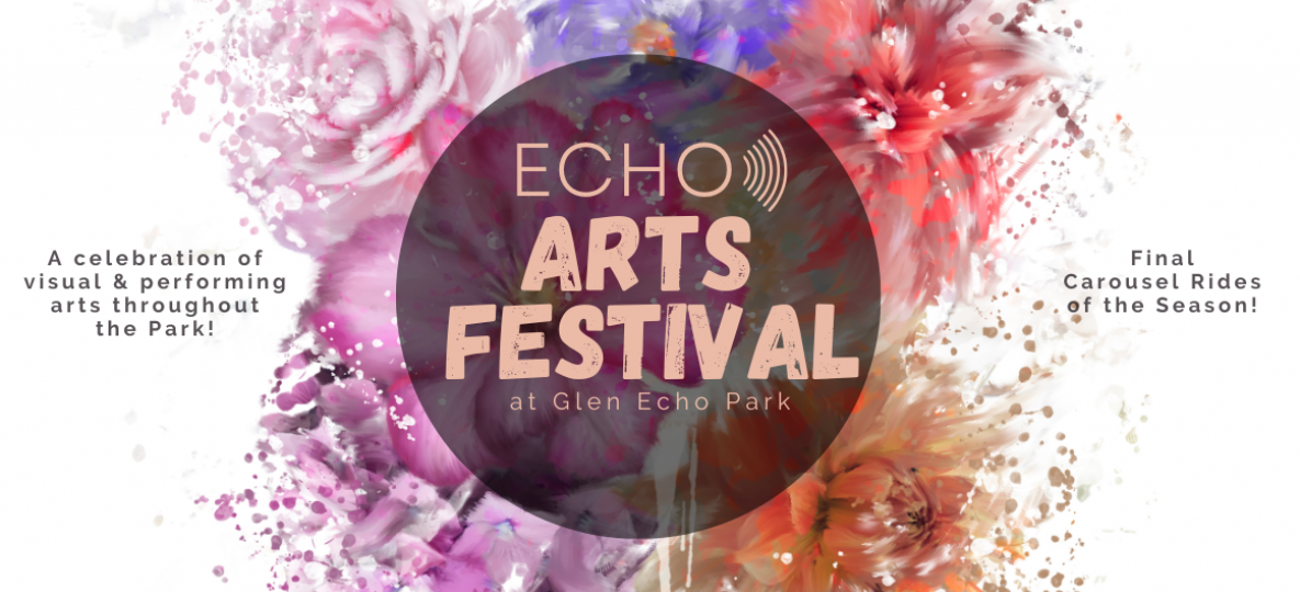 Echo Arts Festival at Glen Echo Park, October 1, 2023, Celebration of visual and performing arts in the park, final carousel rides of the season, colorful floral abstract painting in the background