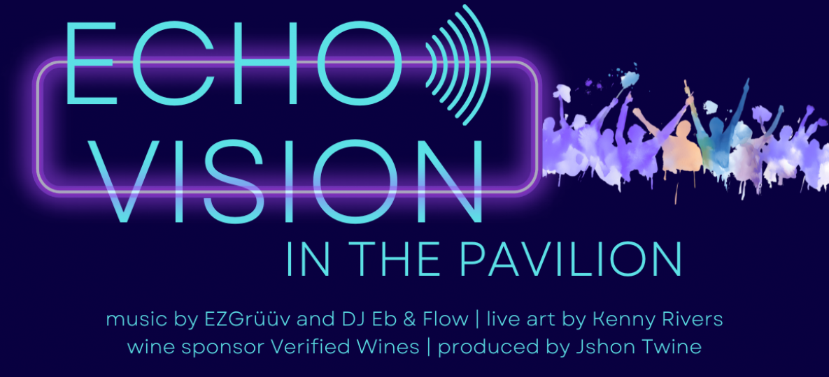 Echo Vision banner with dark purple background, aqua blue text, crowd with hands up graphic and an eletronic vibe.
