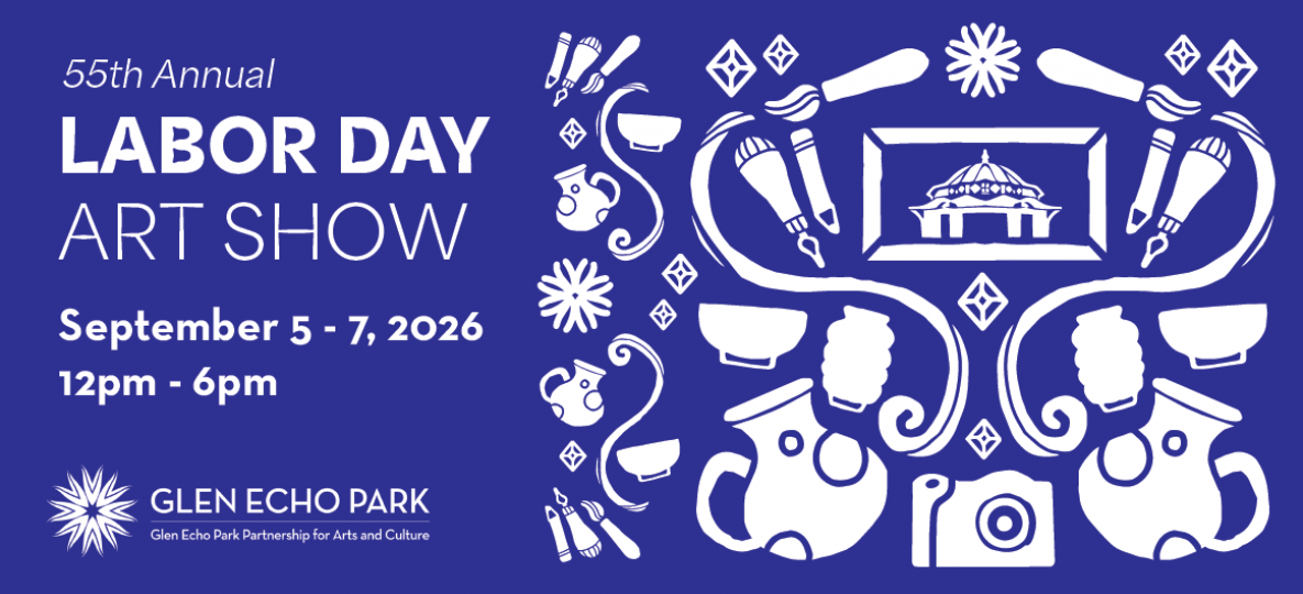 Labor Day Art Show graphic with blue background, white text, and illustrations