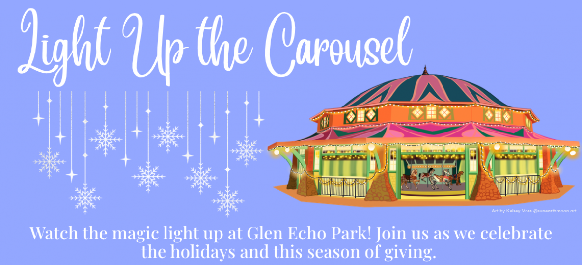 An illustration of a carousel lit up at night on a light purple background