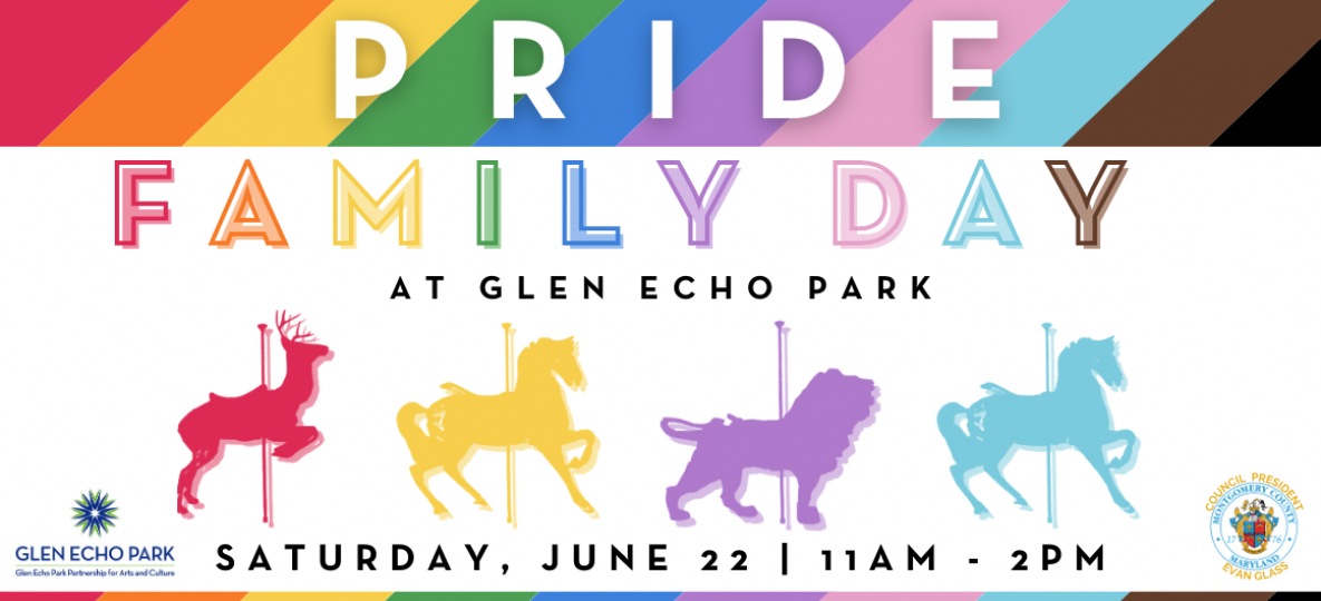 rainbow carousel animals with date and time for pride family day event