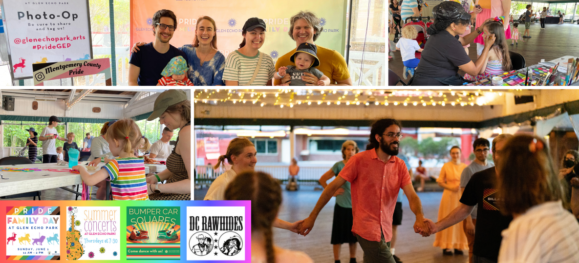 Pride month collage with images of crafts, face painting, and dancing. 