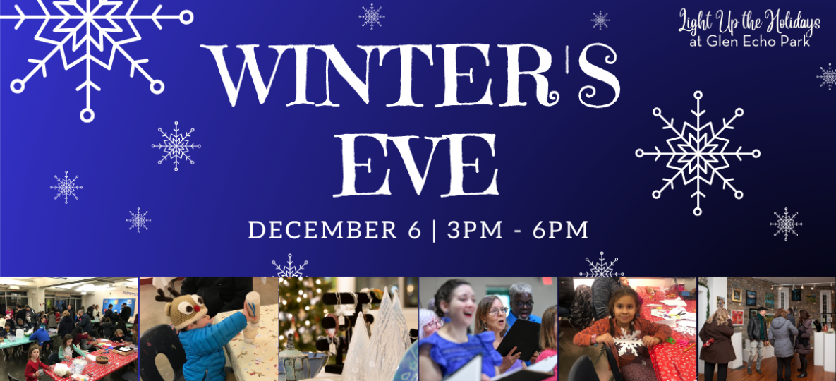 Winter's Eve Text on a blue gradient background with snowflakes and images of crafts & performances.