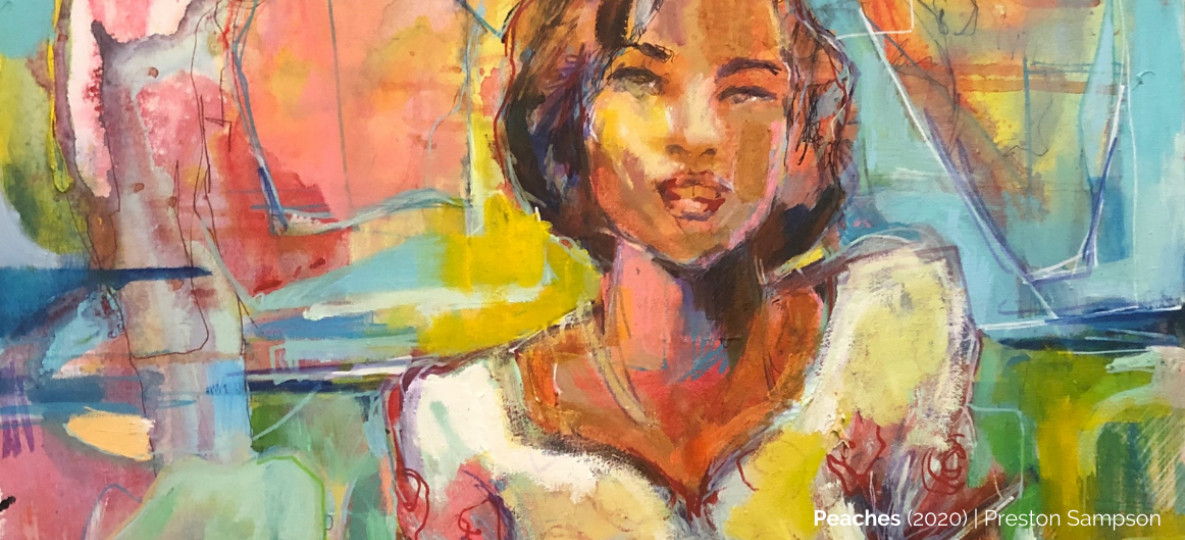 Colorful painting of a woman titled Peaches by Preston Sampson
