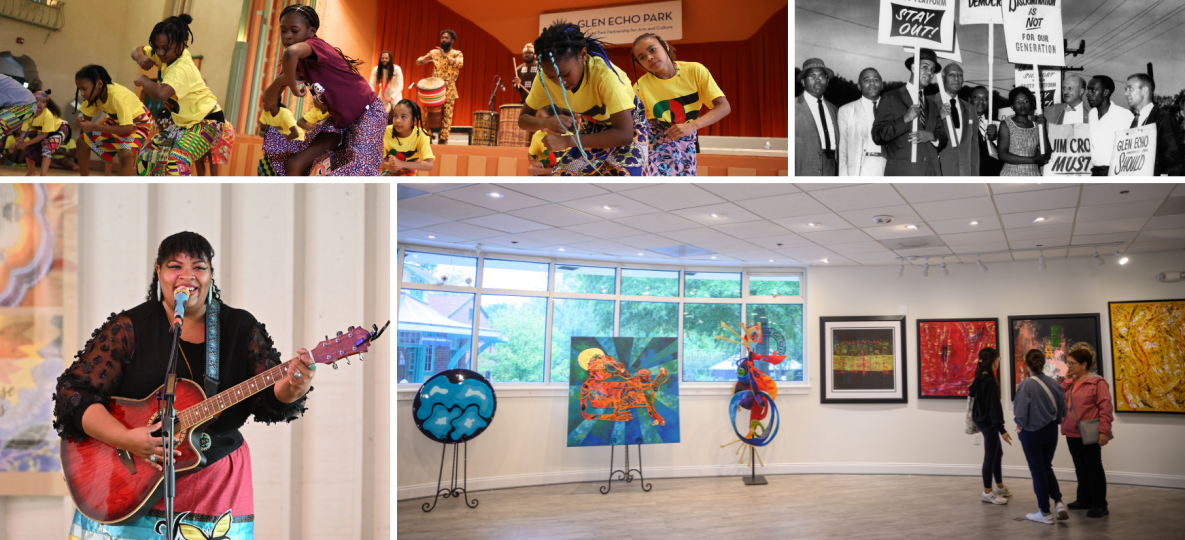 Collage of Black performers, protestors, and artwork at the Park