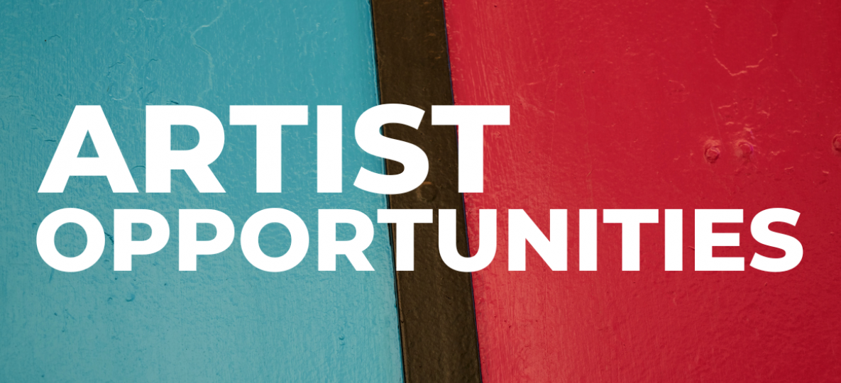 Red and blue color blocks split with diagonal black line with "Artist Opportunities" Text