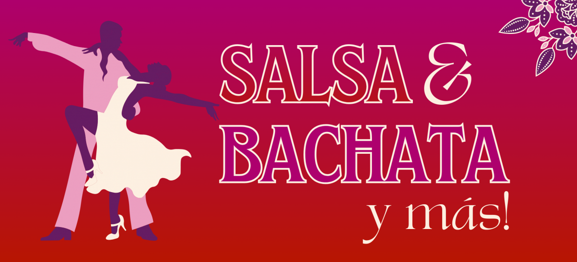 Gradient banner with an illustration of two dancers. Text reads Salsa & Bachata y más!