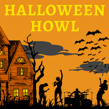 Orange flyer with haunted house, silhouette of band, and spooky bats. Orange text at the top of flyer reads "Halloween Howl". 