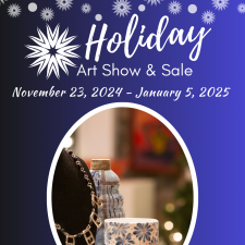 Holiday Art Show & Sale text on a blue gradient background with snowflakes. An image of ceramics and jewelry sits at the bottom. 