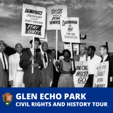 Historic image of Civil Rights protests at Glen Echo Park. National Park Service Logo. Text reads: Glen Echo Park Civil Rights and History Tour