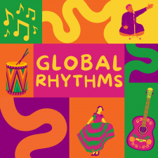 Global Rhythms logo with colorful performers and squiggly lines.
