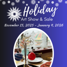 Holiday Art Show & Sale text on a blue gradient background with snowflakes. An image of glass ornaments sits at the bottom. 