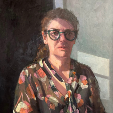 Painting of a woman with glasses, wearing a blouse with flowers