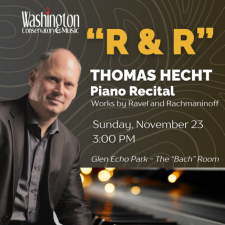 Graphic with a man at a piano. Text reads: “R & R” Thomas Hecht Piano Recital, works by Ravel & Rachmaninoff