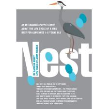 Gray poster with a stork and the word NEST on it.