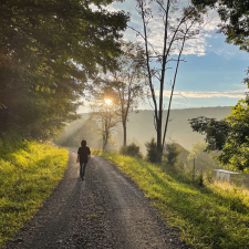 A photograph of a person walking a path surrounded by trees