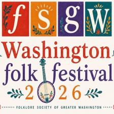 Washington Folk Festival logo, with FSGW in colored squares at the top and text below with a banjo.