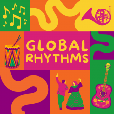 Global Rhythms multicolor graphic with illustrations of instruments and performers