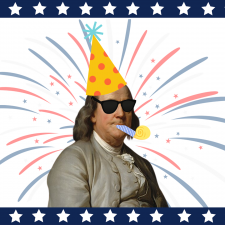 An image of Ben Franklin wearing sunglasses and a party hat