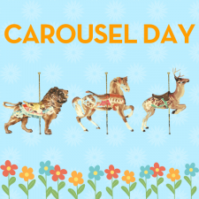 carousel lion, horse, and reindeer on blue background above flowers