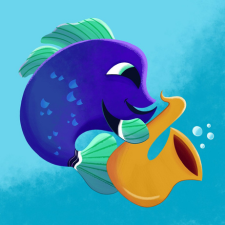 Blue fish playing a saxophone underwater