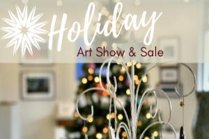 Holiday Art Show logo banner with art in the Popcorn Gallery