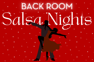 Back Room Salsa Nights red graphic with Dancers