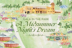 Watercolor background of Glen Echo Park buildings. Green text reads: Gala in the Park: A Midsummer Night's Dream.