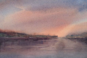 Watercolor painting of a lake at sunset