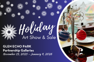 Holiday Art Show blue graphic with an image of ornaments with on display.