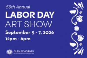 Blue Labor Day Art Show graphic with illustrations of artist tools