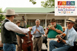 Group of people playing instruments outside with Washington Folk Festival logo in top left corner