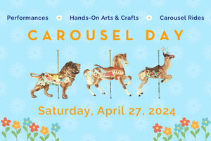Carousel lion, horse, and reindeer on blue background above flowers