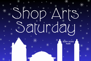 Shop Arts Saturday in snowflakes over Park building silhouettes