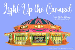 An illustration of a carousel lit up at night on a light purple background