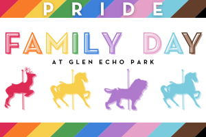 Pride family day graphic - rainbow carousel animals