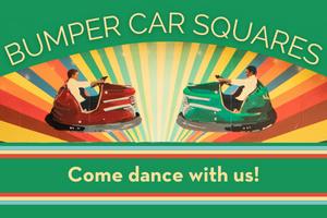 Bumper Car Squares in large white font on green background with colorful bumper cars on rainbow background