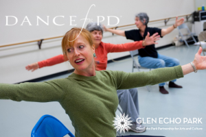 Dancers in chairs with Dance for PD and Glen Echo Park Partnership logos