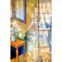 Painting of a woman through a window by Jan Rowland