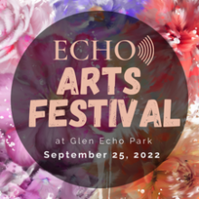 Echo Arts Festival at Glen Echo Park, Sept 25, 2022, floral painting in background with red, purple. and orange abstract coloring