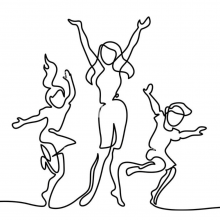 monoline graphic of three children jumping