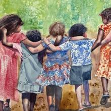 painting of children walking together with arms linked