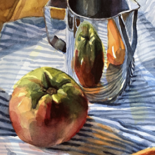 painting of metal pitcher of liquid and fruit on top of a blue and white striped table cloth