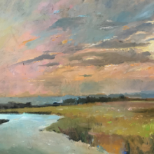 natural landscape painting including a river and pink sky