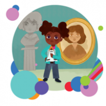 A drawing of Naomi, a fourth-grade student standing in front of historical women figures.