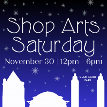 Silhouette of Park buildings under "Shop Arts Saturday" words and snowflakes