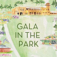 Watercolor background of Glen Echo Park buildings. Green text reads: Gala in the Park.