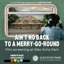Film poster of a girl looking at a carousel, with Heritage Montgomery and Partnership logos