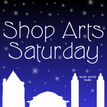 Shop Arts Saturday blue graphic with snowflakes and buildings