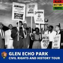 Historic image of Civil Rights protests at Glen Echo Park. National Park Service Logo. Text reads: Glen Echo Park Civil Rights and History Tour